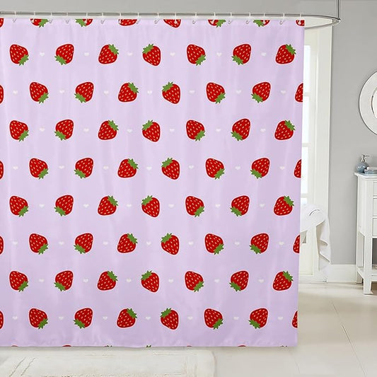 Feelyou Strawberry Fabric Shower Curtain Kawaii Fruit Shower Curtain for Kids Boys Girls Cute Bathroom Waterproof Accessories with 12 Hooks Kawaii Lovely Curtains,72x72 Inches