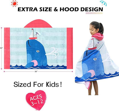BANGSAUR Kids Hooded Pool Towels, Cotton Large Beach Bath Swiming Towel Wrap, Toddlers Girls 3-12 Years Cover Up Dolphin