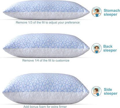 Pillows Standard Size Set of 2 - Standard Pillows Set of 2 - Adjustable Firm Pillow for Back Stomach and Side Sleeper - Shredded Memory Foam Cooling Pillow for Neck and Shoulder Pain