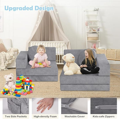 Kids Couch, 12PCS Modular Kids Play Couch with Blanket, Kids Sofa Couch for Playroom & Indoor, Convertible Toddler Couch for Girls and Boys