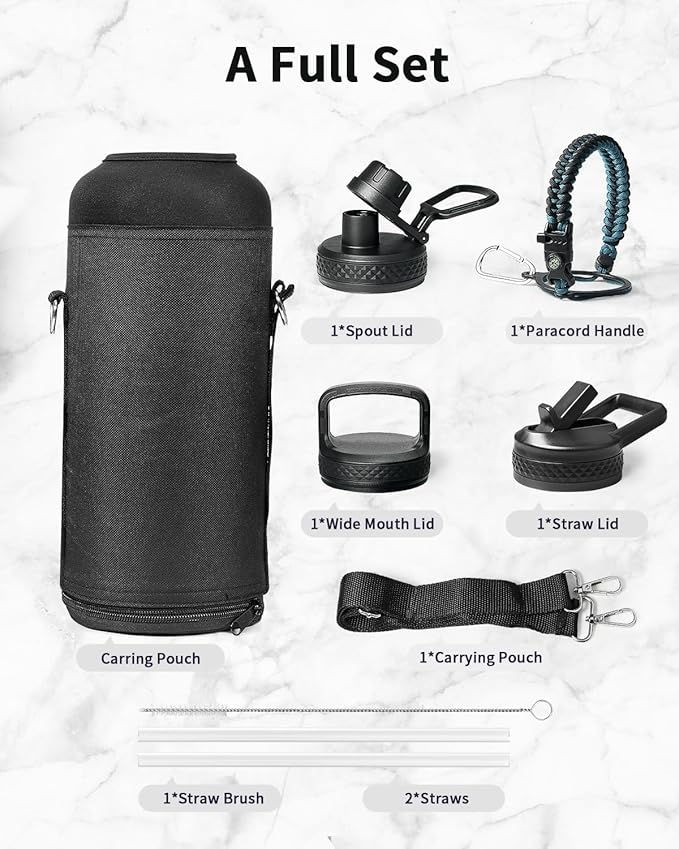 Trebo Water Bottle 87oz with Paracord Handle, Food-grade Double Wall Vacuum Stainless Steel Insulated Jug with Straw Spout Handle Lids, Leakproof Keep Cold & Hot,Indigo/Black