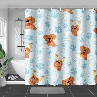 AILONEN Cute Dog Shower Curtain,Cute Bulldog Labrador Dog Print Shower Curtain, 60" W*72" H Waterproof Happy Shower Puppy Dog Lover Curtain with Grommets and 12 Hooks