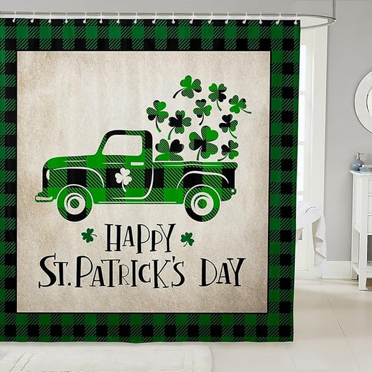 Manfei Happy St. Patrick's Day Kids Shower Curtains,Cartoon Truck Leaf Irish Bathroom Curtains for Girls Boys,Geometric Grids Patchwork Green Retro Waterproof Curtains,12 Hooks Suits,72" W x 84" L