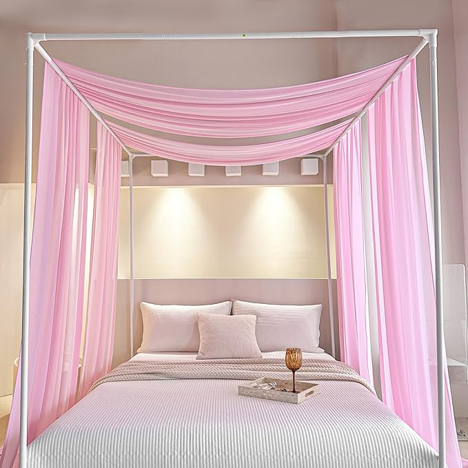 AIKASY Pink Bed Canopy Scarf for Full/Queen - Luxury Sheer Canopy Bed Curtains with Light - Suitable for Four-Poster Bed, Metal Bed Frame, Wood Bed Frame -2pic