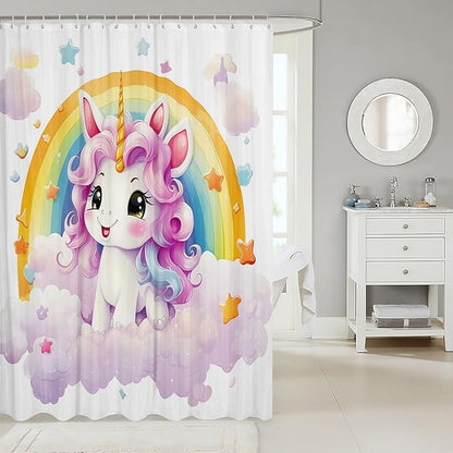Feelyou Cute Unicorn Fabric Shower Curtain Kids Rainbow Bathroom Waterproof Accessories with 12 Hooks for Boys Girls Bright Colorful Shower Curtain Star Cloud Curtains,72x78 Inches