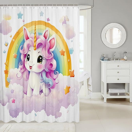 Feelyou Cute Unicorn Fabric Shower Curtain Kids Rainbow Bathroom Waterproof Accessories with 12 Hooks for Boys Girls Bright Colorful Shower Curtain Star Cloud Curtains,72x78 Inches