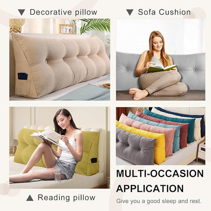 Large Triangular Headboard Pillows Long Backrest Positioning Support Bolster Cushion for Daybed Fluffy Quality Plush Body Wedge Pillow with Removable Cover(Light green-Twin/Twin XL-39x8x20 in)