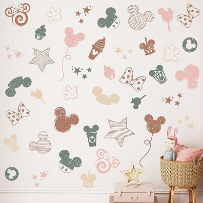 Mfault Cartoon Mouse Wall Decals Stickers, Stripes Stars Pink Polka Dot Bow Nursery Decorations Baby Girls Bedroom Art, Candy Balloon Neutral Toddlers Kids Room Playroom Decor Gifts