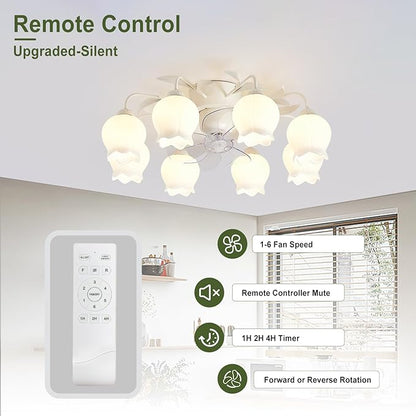 Flower Ceiling Fan with Light: White Flower Fan Lights for Girls Bedroom - Flush Mount Fandelier for Living Room - 8-Light Modern Chandelier with Fan for Home Decor Enthusiasts