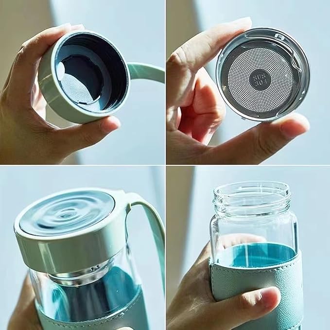 Snminetal 16 oz Borosilicate glass water bottle-with sealing cap and Holsters and filters Reusable Portable Glass drinking Bottle Apply to Make tea, coffee, office Go To School (Blue+Green)