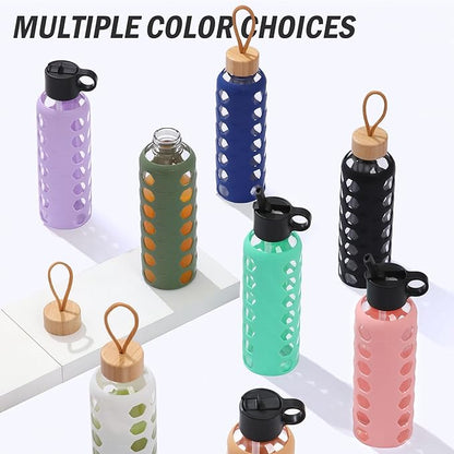 MUKOKO Glass Water Bottles, 32oz Glass Tumbler, Drinking Bottles with 2 Lids-Handle Flip Straw Lid&Bamboo Lid, Motivational Water Bottle with Time Marker and Silicone Sleeve, Leakproof-1 Pack-White