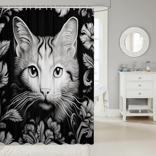 Feelyou Cute Cat Shower Curtain Kids Black White Cat Fabric Shower Curtain 3D Print Bathroom Waterproof Accessories with 12 Hooks for Women Men Flower Pattern Curtains,72x84 Inches