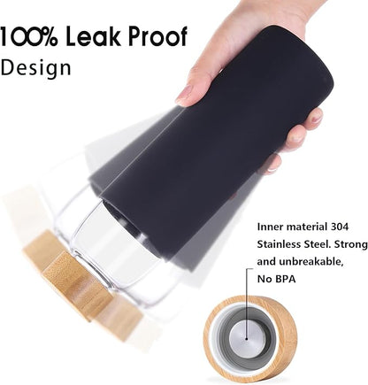 Laster Glass Water Bottle 20 Oz, 600 ml, made of Borosilicate Glass, 1 Bamboo & 1 Stainless Steel Lid, BPA Free, Non-Slip Silicone Sleeve (Black)