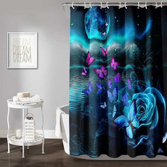 AILONEN Flying Butterfly Shower Curtain for Girls Women,Blue Sky Starry Ocean Sea Rose Bath Curtain 72" W*78" H Polyester Fabric Waterproof Bathroom Curtain with 12 Hooks
