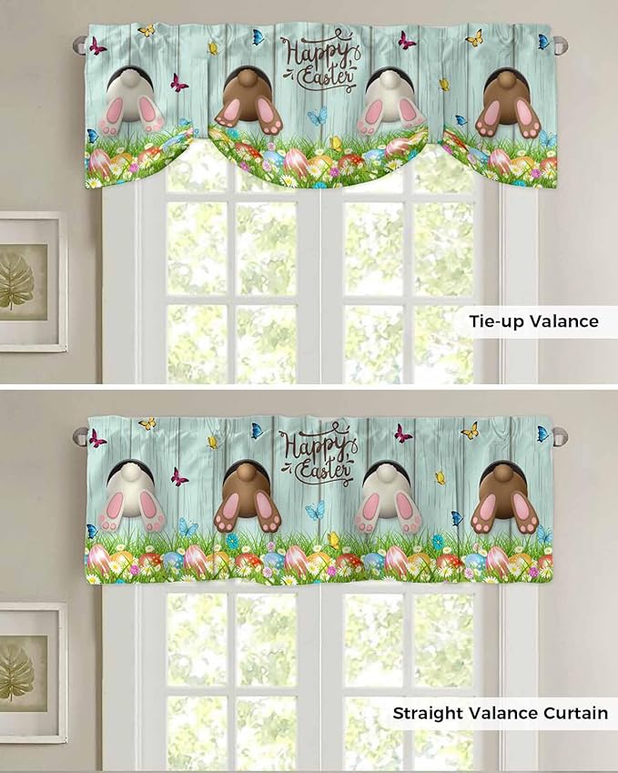 Spring Easter Blackout Tie Up Valance Curtains for Kitchen Windows Funny Bunny Tails Rabbit Window Toppers Balloon Shades for Living Room/Bathroom/Bedroom,1 Panel, 54" X 18",Floral Farmhouse