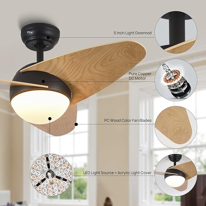 36" Ceiling Fans with Remote Control, Modern Ceiling Fans with Lights, Quiet Ceiling Fan with LED Light, Reversible DC Motor, 3 Colors, 5 Wind Speeds and Timer Function for Bedroom Living Room
