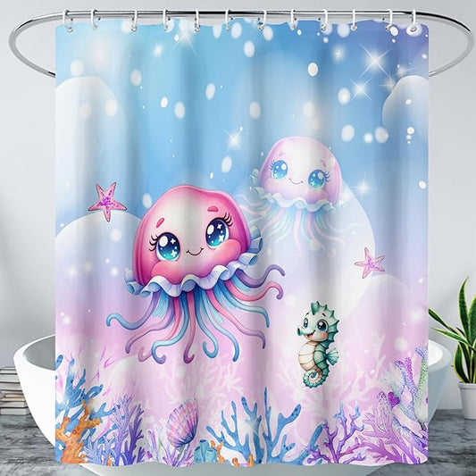 AILONEN Jellyfish Shower Curtain, Cute Jellyfish Starfish Seahorse Coral Pink Bath Curtain,Ocean Theme Shower Curtain 48" W*72" H Polyester Waterproof Bathroom Curtain with 12 Hooks