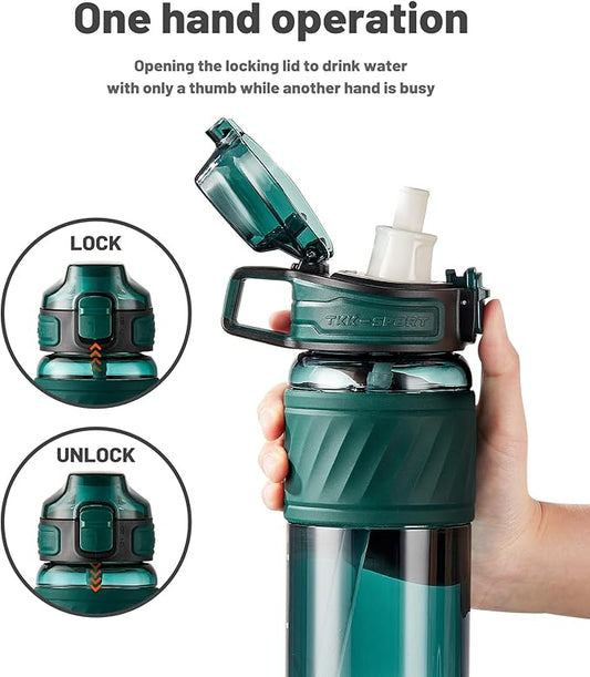 TKK 20oz Sports Water Bottles with Removable Straw Durable BPA Free Tritan Bottles Leak-Proof Water Bottles for School, Fitness, Gym, Outdoor, Green