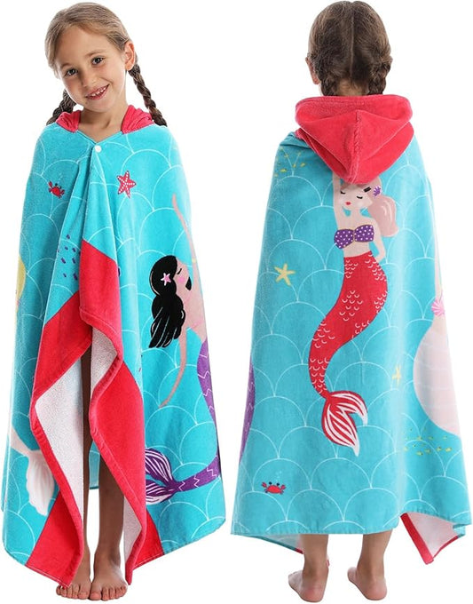 Hooded Towel for Kids, 100% Cotton Soft and Absorbent, Pool Bath Beach Swim Towel Wrap, Bathrobe Coverups for Girls and Boys, Extra Large:30"×50"(Mermaid)