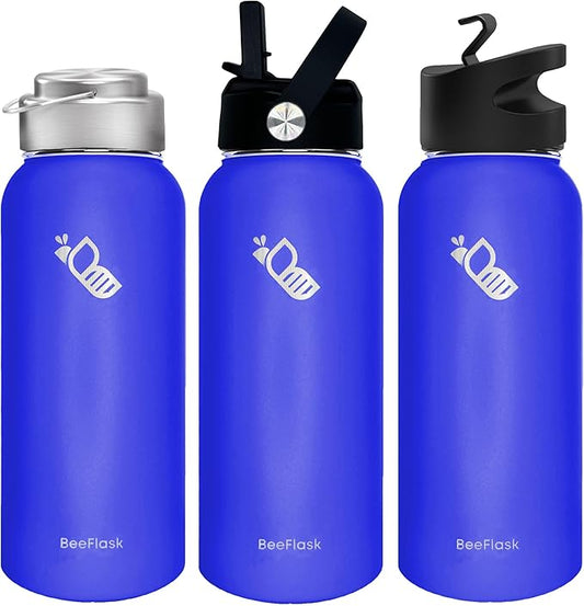 Sports Water Bottle - 32 Oz, 3 Lids (With straw), 50 Cute Stickers, Vacuum Insulated, 308 Stainless Steel, with a Portion of Sales Supporting Bee Conservation Efforts (Blue)