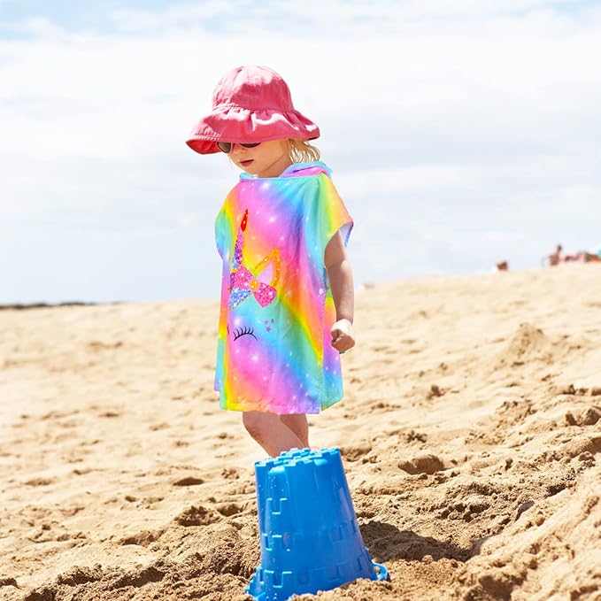 Bath Beach Pool Towel with Hood for Kids Girls, Hooded Towels Swim Poncho Towel Cover-ups for 3-8 Years with Drawstring Bag, Super Absorbent, 24 in x24 in (Rainbow Unicorn)
