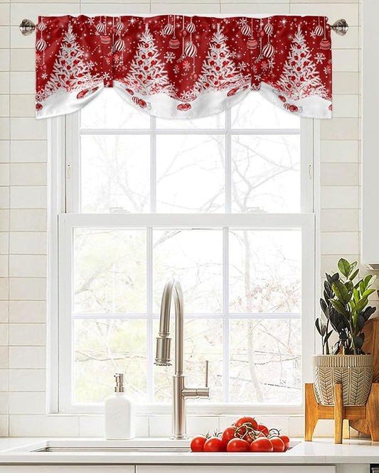 Red Christmas Blackout Tie Up Valance Curtains for Kitchen Windows White Xmas Tree Snowflakes Red Balls Window Toppers Balloon Shades for Living Room/Bathroom/Bedroom,1 Panel, 60" X 18", Winter