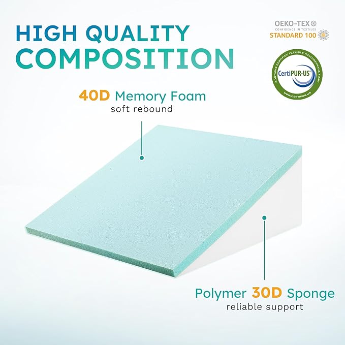 Wedge Pillow for Sleeping, 10 inch Bed Wedge Pillow, Elevated Body Pillow for Back Support, Acid Reflux, Leg, Neck Pain, Snoring, Triangle Pillow Wedge - Cooling Memory Foam Top, White/Grey