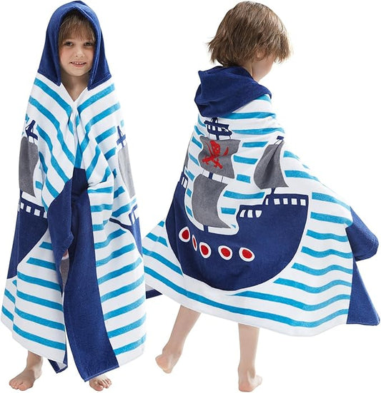 BANGSAUR Kids Hooded Beach Bath Towels, 100% Cotton 50"x30" Wrap Blanket, Toddlers Boys 3-12 Years Coverup Towel Pirate Ship