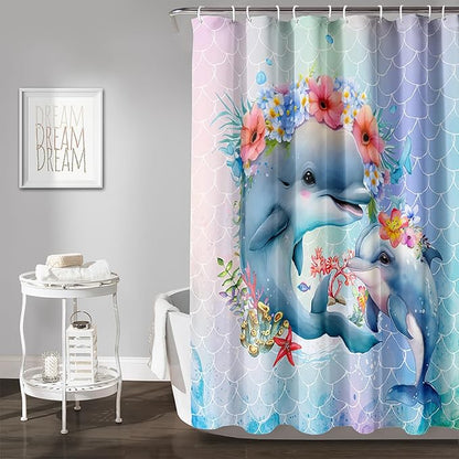 AILONEN Cute Dolphin Shower Curtain,Color Mermaid Scale Print Shower Curtain with 12 Plastic Hooks,Kawaii Ocean Dolphin Print Bath Curtain Decorative Waterproof 72" W*78" H