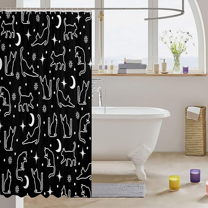 Manfei Cartoon Cats Silhouettes Kids Shower Curtains,Sun Moon Starry Sky Boho Bathroom Curtains for Girls Boys,Cute Cats Abstract Black White Fashion Waterproof Curtains,12 Hooks Suits,72" W x 84" L