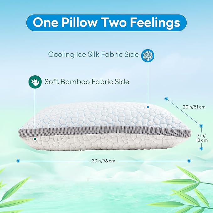 Cooling Gel Memory Foam Pillows, Hypoallergenic Dual-Sided Pillowcase Bed Pillows with Washable Cover, Adjustable Pillows Height for Side, Back and Stomach Sleepers, Queen, 50x76cm