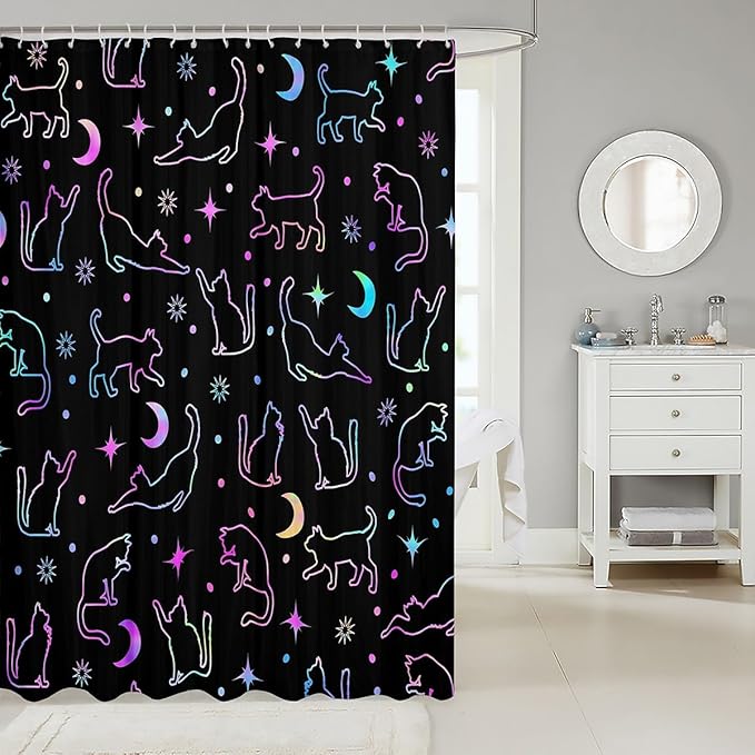 Manfei Cute Cats Silhouettes Kids Shower Curtains,Sun Moon Starry Sky Boho Bathroom Curtains for Girls Boys,Cartoon Animals Pets Neon Purple Romantic Waterproof Curtains,12 Hooks Suits,72" W x 78" L