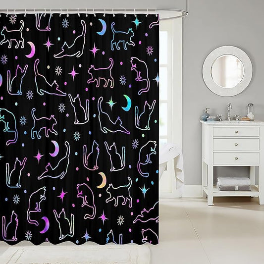 Manfei Cute Cats Silhouettes Kids Shower Curtains,Sun Moon Starry Sky Boho Bathroom Curtains for Girls Boys,Cartoon Animals Pets Neon Purple Romantic Waterproof Curtains,12 Hooks Suits,72" W x 78" L
