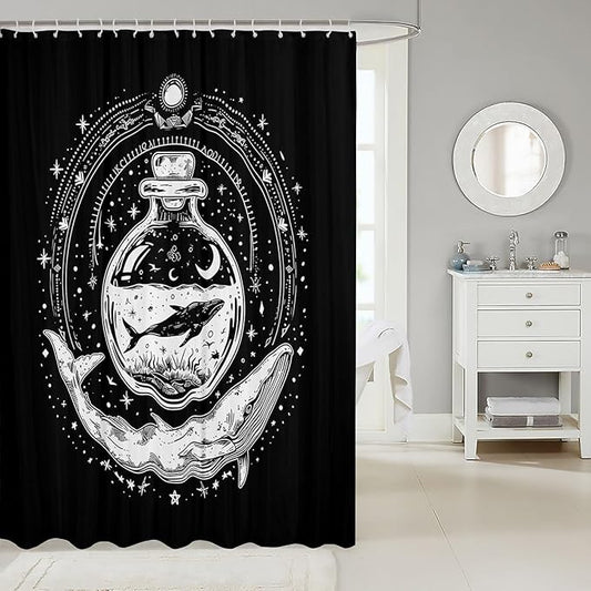 Feelyou Whale Shower Curtain Ocean Themed Fabric Shower Curtain for Kids Boys Girls Bohemian Galaxy Bathroom Waterproof Accessories with 12 Hooks Black and White Curtains,72X72 Inches