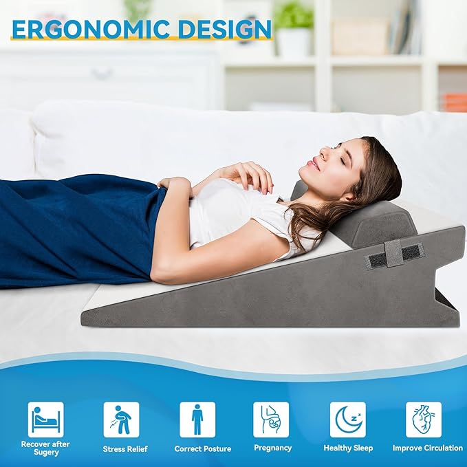 CloudBliss 7.5 inches Bed Wedge Pillow with Memory Foam for Sleeping After Gerd Acid Reflux, Surgery, Relief Back Pain, Adjustable and Breathable Pillow with Washable Cover for Surgery Recovery, Gray