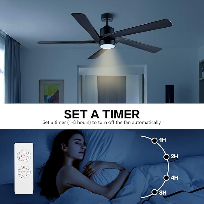 WINGBO 64 Inch DC Ceiling Fan with Lights and Remote Control, 5 Reversible Carved Wood Blades, 6-Speed Noiseless DC Motor, Modern Ceiling Fan in Matte Black Finish with Walnut Blades, ETL Listed
