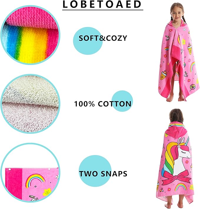 Kids Hooded Beach Bath Towel, Baby Surf Poncho Toddlers Soft Real Cotton Wrap Hooded Towels for Kids Boy Girl
