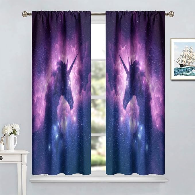 Unicorn Curtains Children's Cartoon Starry Sky Theme Unicorn Pattern Curtains Star Galaxy Boys Girls Room Blackout Curtains 42x63 Inch 2 Panels