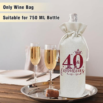 Wine Canvas Bag, 40 Year Old Birthday Wine Gift Bag, 40th Birthday Gift for Women Wife, Wine Bags for Wine Bottles, 40 & Fabulous Wine Champagne Gifts With Drawstring Birthday Party Decoration -WB02