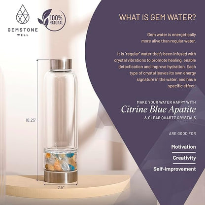 Crystal Water Bottle Elixir Set | Includes Authentic Laboratory Citrine, Blue Apatite & Clear Quartz Healing Crystals | Black Neoprene Sleeve | Drink Gem Infused Water On The Go