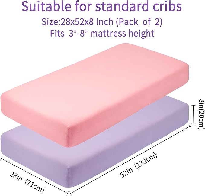 Crib Sheets for Boys Girls,100% Cotton Fitted Crib Sheet 2 Pack for Standard Crib and Toddler Mattress, Super Soft Breathable Baby Sheet 28x52x8in (Purple & Pink)