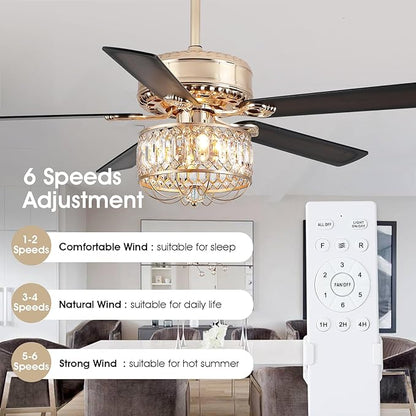 Chandelier Ceiling Fans with Lights - 52 Inch Modern Farmhouse Fandelier Ceiling Fan with Remote, Crystal Ceiling Fan Light for Bedroom Living Dining Room, Dual Finish Wooden Blades, Gold