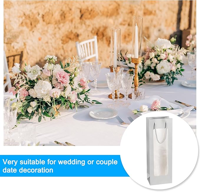 uxcell Wine Bags, 12pcs 4.92"x3.35"x14.2" Wine Gift Bags with Rope Handles, Paper Wine Tote Bag with Clear Window for Wedding Birthday Christmas Party Supplies, Silver