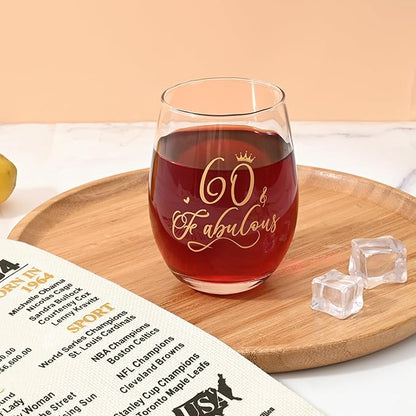 DAZLUTE 60th Birthday Gifts for Women, 60 & Fabulous Wine Glass with 1 Pack Reusable Burlap Wine Bag, 60 Year Old Wine Glass Birthday Gift for Women Mom Friend Sister Wife Aunt Grandma, 17 Oz Gold