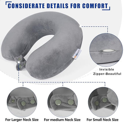 SAIREIDER Travel Pillows for Sleeping Airplane 100% Pure Memory Foam Neck Pillow for Airplanes Washable Cover with Storage Bag (Grey)