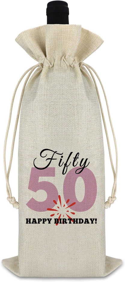 50th Birthday Gift for Women Men Wine Bag Funny 50 Years Old Birthday Gift Drawstring Wine Bottle Bag Turning 50 Gift for Mom Father Friend Burlap Wine Wrap Bag Fifty Birthday Gift Wine Gift Bag