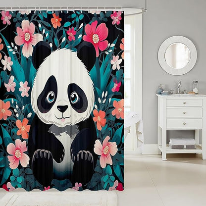 Feelyou Panda Fabric Shower Curtain Cute Panda Shower Curtain for Boys Girls Cartoon Bathroom Waterproof Accessories with 12 Hooks Flower Pattern Curtains,72x78 Inches