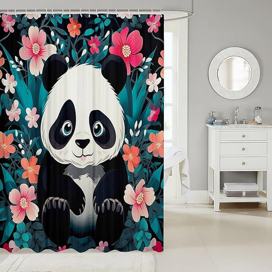 Feelyou Panda Fabric Shower Curtain Cute Panda Shower Curtain for Boys Girls Cartoon Bathroom Waterproof Accessories with 12 Hooks Flower Pattern Curtains,72x78 Inches