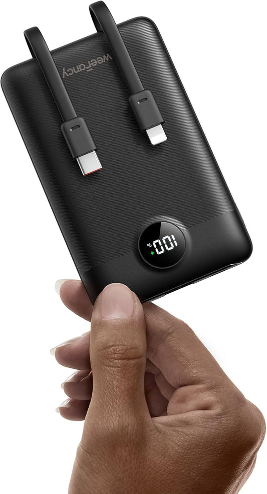 Mini Portable Charger with Built-in Cables 22.5W Fast Charging Power Bank USB-C Small Battery Pack 10000mAh Travel Essential Slim Battery for iPhone, Samsung, Android, and More