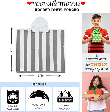 VOOVA & MOVAS Big Kids Poncho Towel with Hood - Teens Hooded Pool Towel Poncho (8-16Years), Large and Absorbent Cotton - Versatile for Beach, Pool, Swim, and Bath, Grey Cabana Stripe